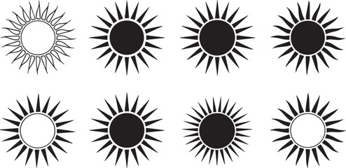 Set of eight solar icons with varying shades of black and white representing different solar states.