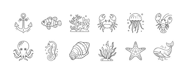 Marine life and ocean icons - Collection of line icons representing marine life and ocean elements, including anchor, fish, coral reef, crab, jellyfish, lobster, octopus, seahorse, seashell, seaweed, 