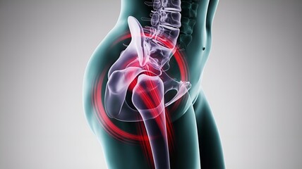 An anatomical view of a body highlighting the hip and joint pain.