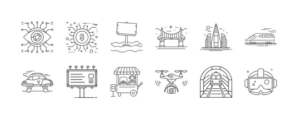 City and urban lifestyle icons - Set of line icons representing city and urban lifestyle, including surveillance camera, sun, billboard, park bench, castle, train, car, street sign, street food cart, 