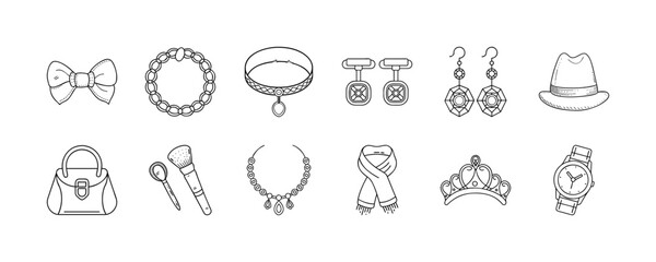 Fashion accessories line icons - Set of line icons featuring fashion accessories, including a bow tie, bracelet, choker, cufflinks, earrings, hat, handbag, makeup brush, necklace, scarf, tiara