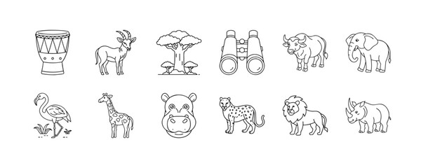 Safari animals and equipment line icons - Collection of line icons featuring safari-related elements, including a drum, antelope, acacia tree, binoculars, buffalo, elephant, flamingo, giraffe © Md
