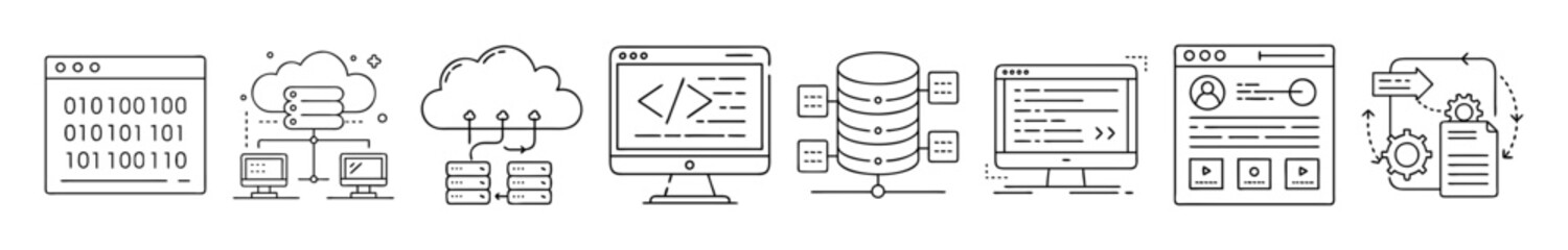 Fototapeta premium Web development and programming line icons - Collection of line icons illustrating web development and programming concepts, including coding, cloud computing, data servers, website design, and mobile