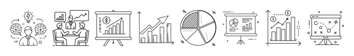 Business presentation and analytics line icons - Set of line icons representing business and analytics concepts, including teamwork, presentations, bar charts, pie charts, growth graphs, and strategy 