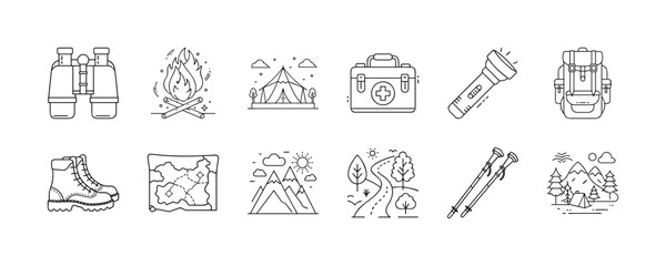 Camping and outdoor adventure line icons set - Collection of line icons representing camping and hiking essentials including tent, backpack, boots, flashlight, map, binoculars, and mountain landscapes