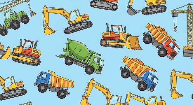 Seamless pattern with colorful cartoon construction vehicles