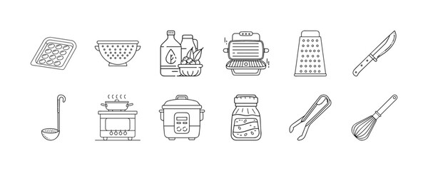 Kitchen utensils and cooking equipment line icons - Set of line icons representing kitchen tools, cookware, and food preparation equipment including stove, blender, grater, whisk, knife, and jars.

