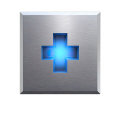 Obraz premium Brushed Metal Square Button with Glowing Blue Plus Sign, Featuring a Textured Surface, a Transparent Png Cutout Image for Various Digital Design Uses
