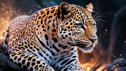 Obraz premium Majestic Leopard Portrait Amidst Fiery Embers Wild Animal Photography Captivating Feline Beauty Intense Blue Eyes Spotted Fur