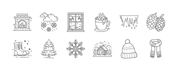 Winter holiday and Christmas season line icons - Collection of line icons showing cozy winter elements including fireplace, snowflake, hat, scarf, boots, hot drink, and Christmas tree.

