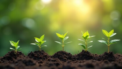 Fototapeta premium Small green plants sprout from fertile soil under warm sunlight. Represents growth, new beginnings, journey of self-improvement, continuous learning. Ideal for concepts related to education,