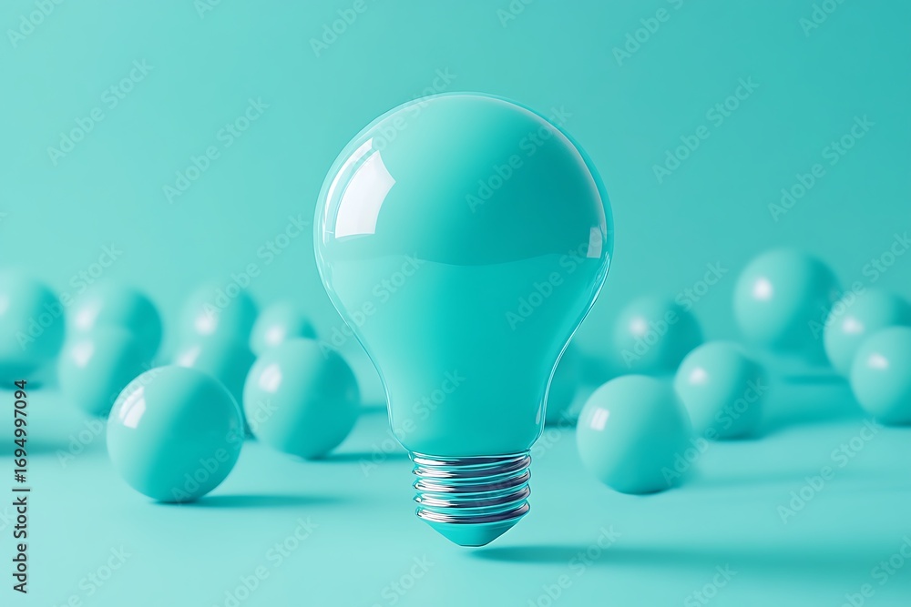 Poster lightbulb and spheres in monochromatic cyan color scheme, 3d rendering