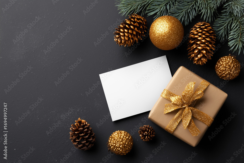Poster a box with a ribbon on top of a table with a white card