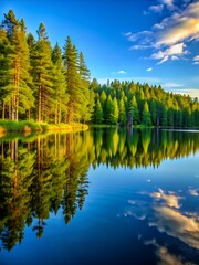 Fototapeta premium Pine forest reflected in calm lake under blue sky