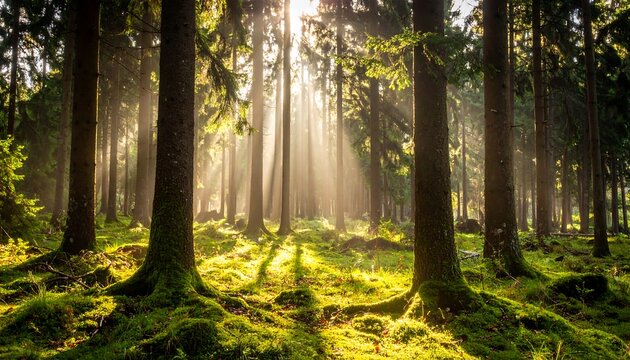 Sunlight streams through a dense forest (4)