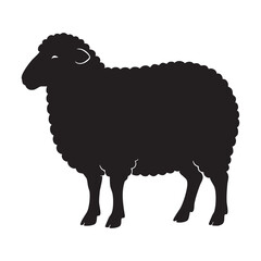 Silhouette of a Woolly Sheep Standing on its Legs Facing to the Right Side Calmly and Peacefully on a White Background