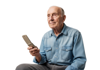 Elderly caucasian man, 70s-80s, denim shirt, holding vintage beige flip phone, contemplative, white background, copy space, concept of analogue nostalgia, calm reflection.