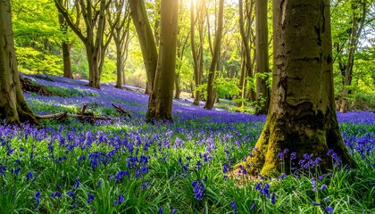 Sunlight filters through trees over a carpet of vibrant bluebells