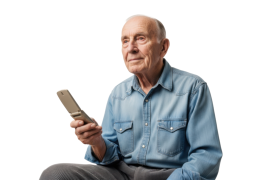 Elderly caucasian man, 70s-80s, denim shirt, holding vintage beige flip phone, contemplative, white background, copy space, concept of analogue nostalgia, calm reflection.