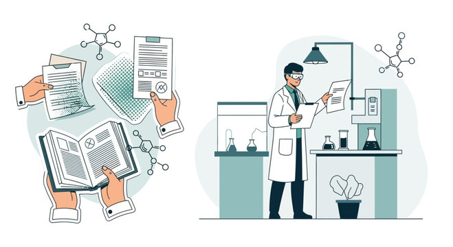 Vector illustration depicting scientific research and learning in a laboratory setting for studies