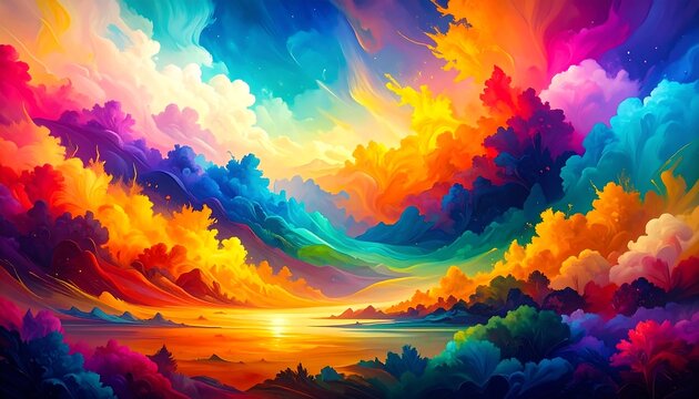 A vibrant, dreamlike landscape with clouds of swirling, rainbow colors and a serene, sunset view over the water.