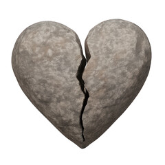 Broken stone heart with large crack on a transparent background.