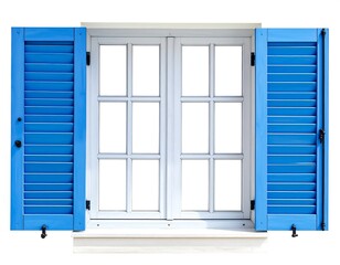 A bright, classic window with vibrant blue shutters, showcasing a simple, elegant design against a clean white background.