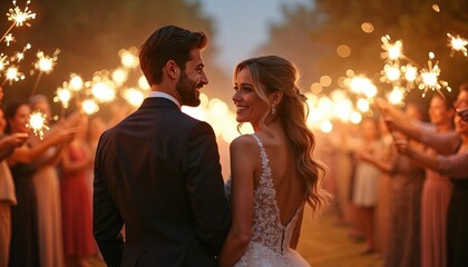 Newlyweds celebrate wedding with sparkler send-off. Bride and groom smile amidst guests holding lights in elegant outdoor forest setting. Romantic bokeh and golden glow enhance magical night moment.