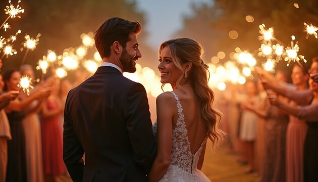Newlyweds celebrate wedding with sparkler send-off. Bride and groom smile amidst guests holding lights in elegant outdoor forest setting. Romantic bokeh and golden glow enhance magical night moment.