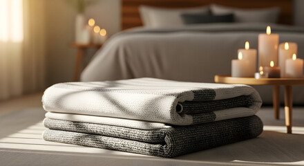 Cozy Bedroom Scene Featuring Stacked Blankets with Candles Lit and a Serene Atmosphere
