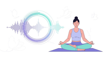 Obraz premium Woman practicing meditation with sound waves, promoting mindfulness and well being through