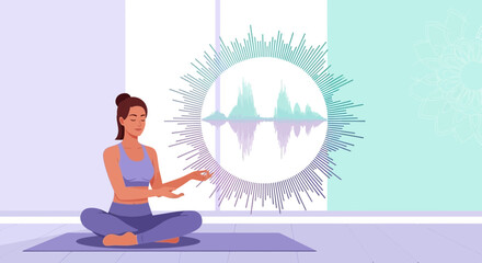 Obraz premium Woman practicing mindful meditation with sound frequency for relaxation and stress relief