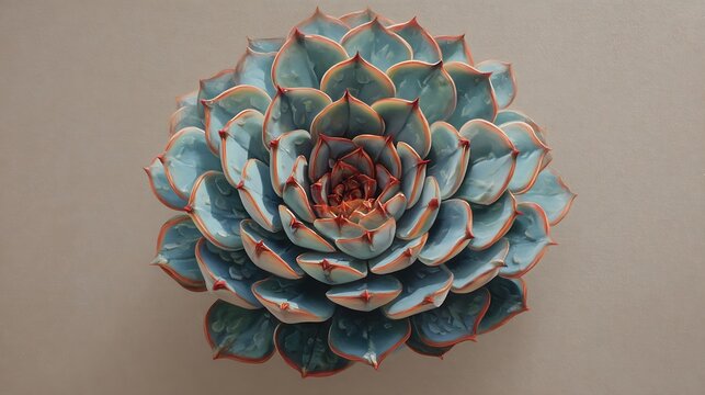 Close up view of a beautiful succulent plant with layered blue green and pinkish red leaves