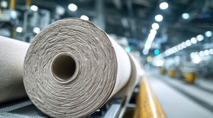 Obraz premium Rolled beige fabric on a conveyor in a factory