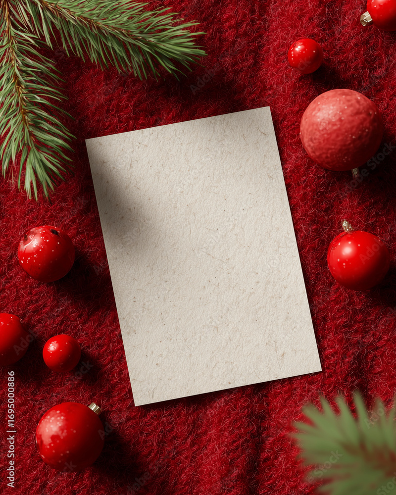 Poster a white card is on a red background with red balls and a pine tree