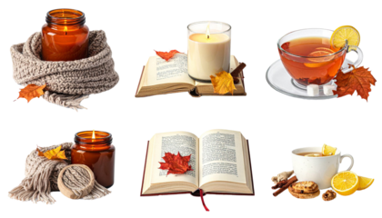 Cozy autumn still life composition with burning candles, book, tea, knitted scarf on transparent background