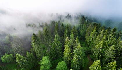 a captivating aerial view of a dense forest shrouded in soft ethereal fog towering trees with lush green canopies dominate the foreground creating a serene and mystical atmosphere