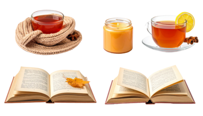 Cozy autumn still life with tea, candle, book, and transparent background
