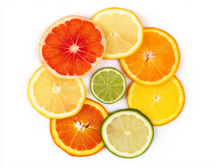 Fototapeta premium Colorful citrus wreath flat lay on white