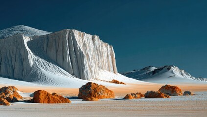 Vast, icy plateau; dramatic cliffs; warm, sunlit hues
