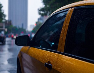 Side View of a Yellow Taxi in Motion on a Wet Street