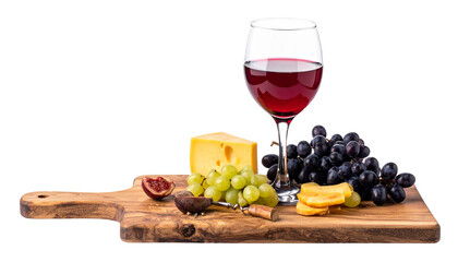 Glass of red wine with cheese, grapes, and figs on wooden board with transparent background