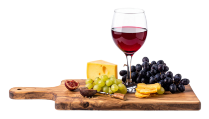 Glass of red wine with cheese, grapes, and figs on wooden board with transparent background