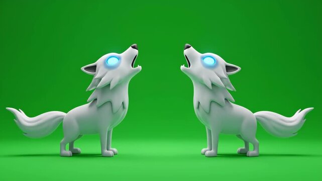 Cartoon Wolves Howling Green Screen - Two stylized white cartoon wolves howl at each other against a bright green chroma key background. The wolves have glowing blue eyes, and fluffy tails.