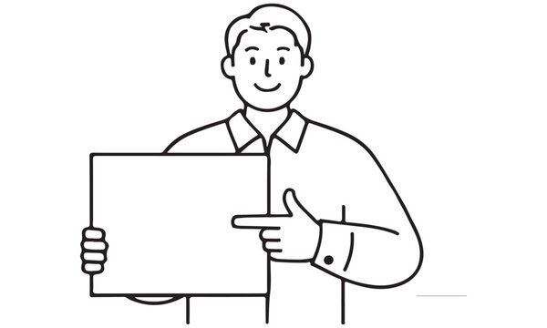 recommend clip art: Smiling Man Holding Blank Sign Pointing to Copy Space, Line Art Illustration