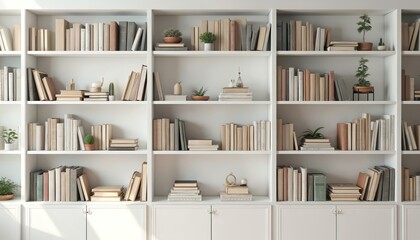 Minimalist white bookshelf filled with books and decorative houseplants. Clean modern interior design, open shelving with storage and educational elements. Comfortable home library space.