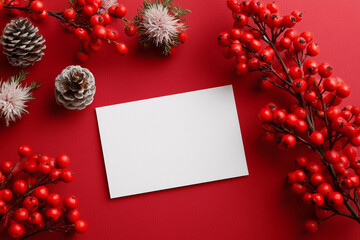 A white card is on a red background with red berries