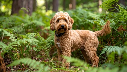 Fototapeta premium A fluffy, light brown dog stands amidst lush greenery