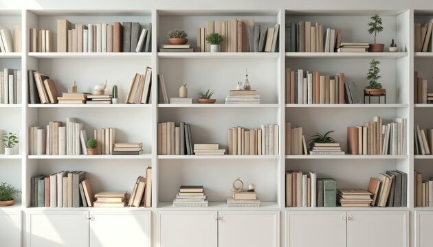 Minimalist white bookshelf filled with books and decorative houseplants. Clean modern interior design, open shelving with storage and educational elements. Comfortable home library space.