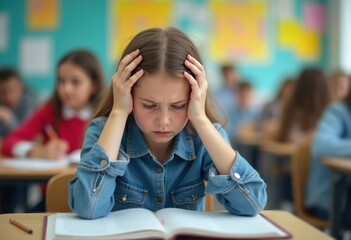 frustrated schoolgirl studying at a desk in a classroom looking stressed with hand on head and books scattered, concept of education pressure, student counseling, online tutoring